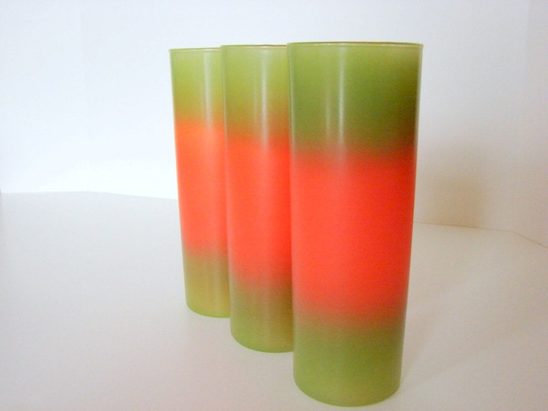 Vintage Green and Orange Stripe Federal Glass Blendo Barware Tumblers