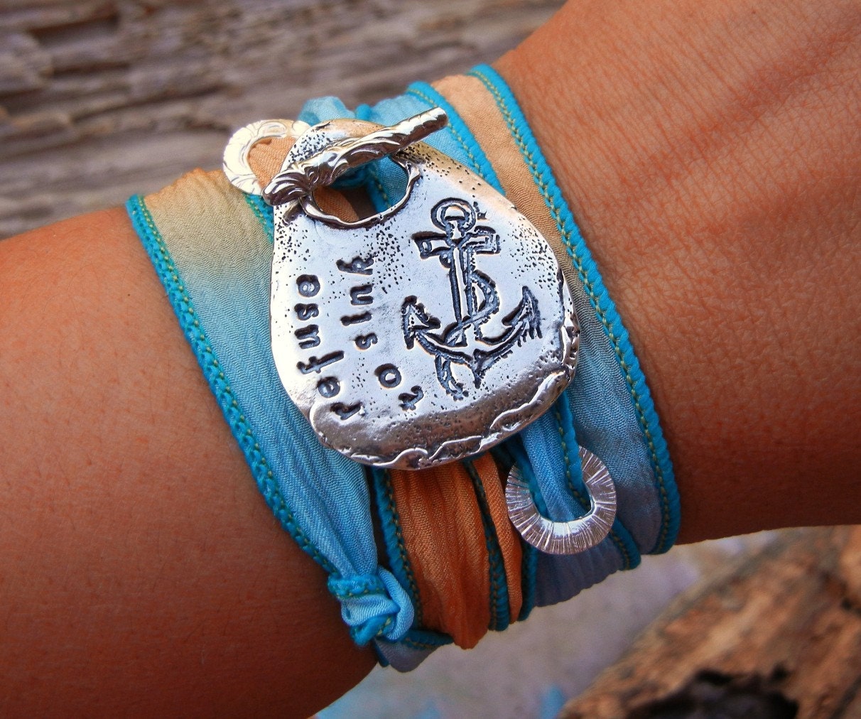 Inspirational Quote Jewelry, I Refuse to Sink Quote, Inspirational Silk Wrap Bracelet, Handmade STERLING Silver Survivor Jewelry