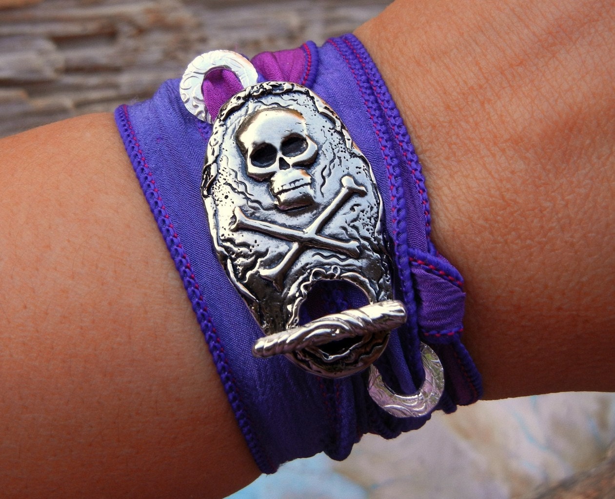 Tattoo Jewelry, STERLING SILVER Skull Jewelry, Skull and Crossbones Bracelet, Skeleton Jewelry, Silk Ribbon Wrap Bracelet
