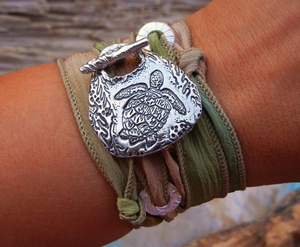 Sea Turtle Jewelry, Silk Wrap Bracelet, Sea Turtle Silk Ribbon Bracelet, STERLING Silver Jewelry, Sea Life Jewelry, Tartaruga, Tortuga
