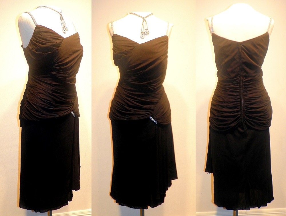 1950's Silk Jersey RUCHED Rhinestone Draped Cocktail Dress Vintage 50's Designer Couture Bombshell Grecian Wiggle Party Dress Size Large