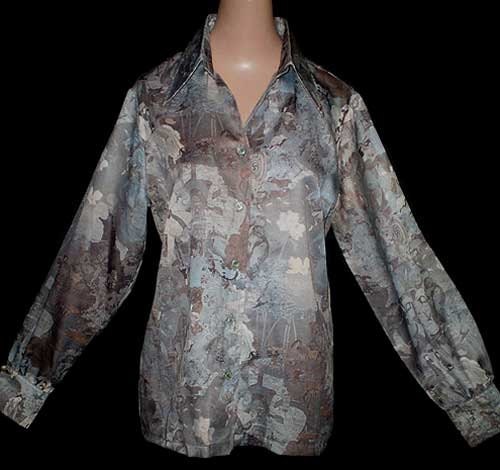 Vintage 70s Satin Disco Shirt Asian Photo Print M