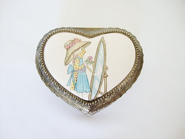 vintage heart trinket box silver tone with porcelain