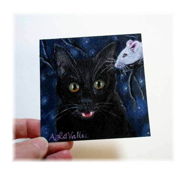 BOO HALLOWEEN  Black Cat oil painting , 4" X 4" amber eyed kitty with White mouse after dark , starry night sky - MyMaineVintage