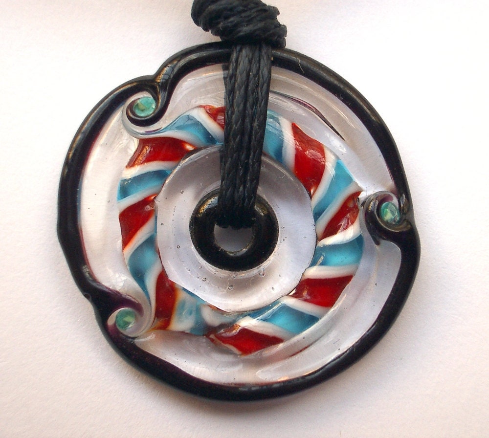 black red and aqua tribal disc bead  pendant, Lampwork glass bead hand made by Yasmin Sivan