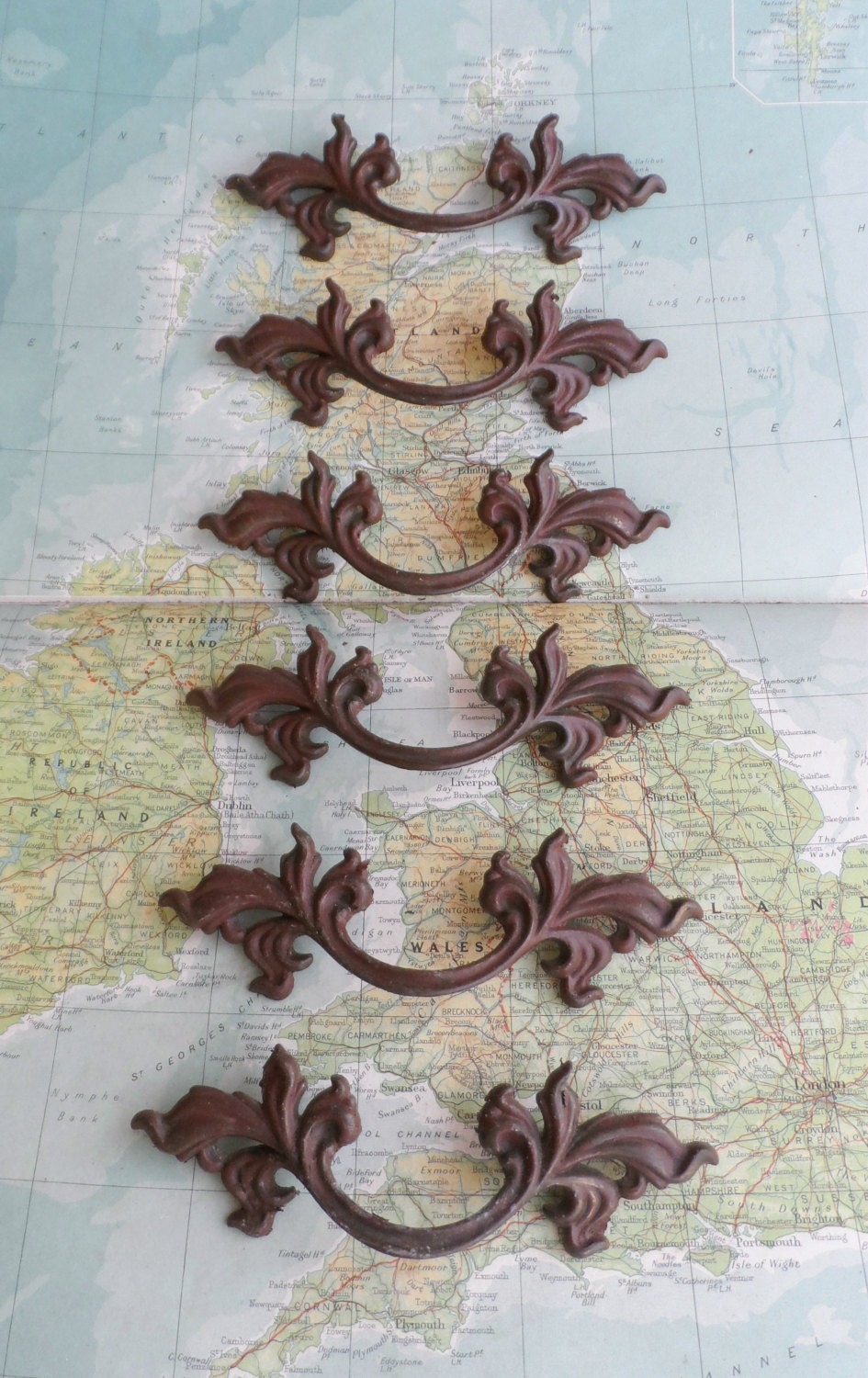 6 mid century vintage painted brown ornate distressed brass metal French Provincial handles includes hardware
