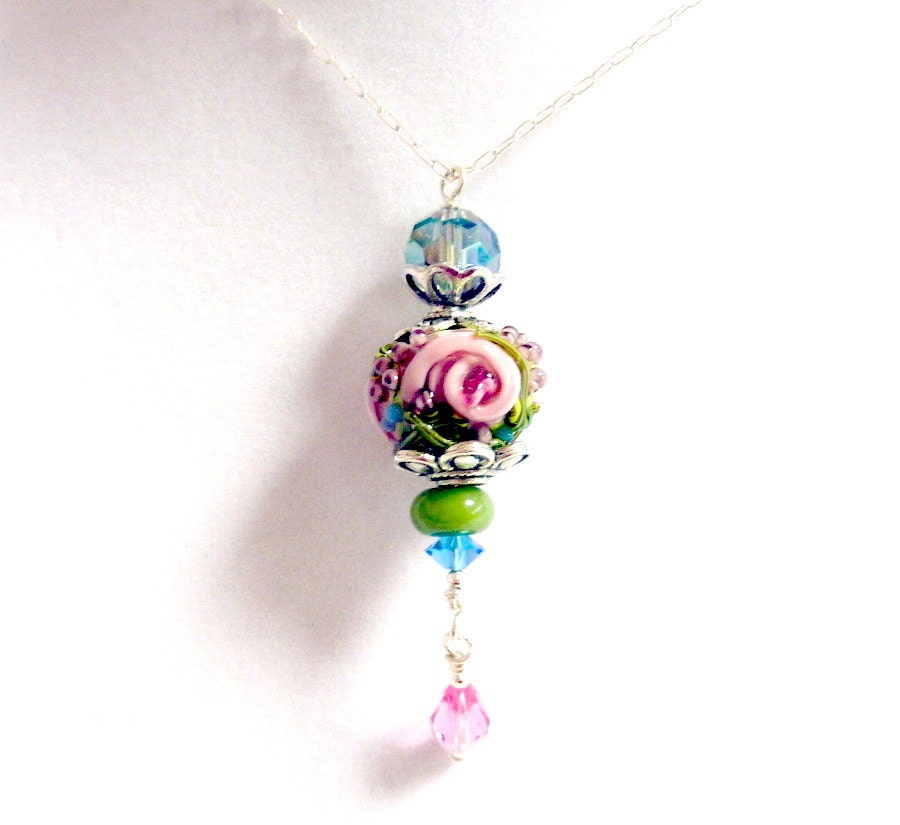 Rose Flower Pendant, Pink Green Blue Fuchsia Rose Glass Beaded Pendant Necklace, Handmade Lampwork Necklace Vintage Inspired Pendant