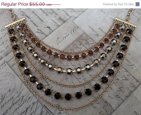 ON SALE Les Bijoux Tiered Amber, Gunmetal, And Jet Rhinestone Prom Glitz Necklace With Matte Gold Hardware & Chain