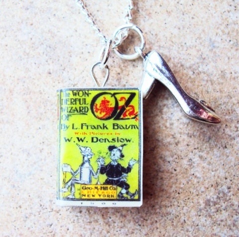 Wizard of Oz Necklace with Book Charm and Metal Ruby Slipper Charm