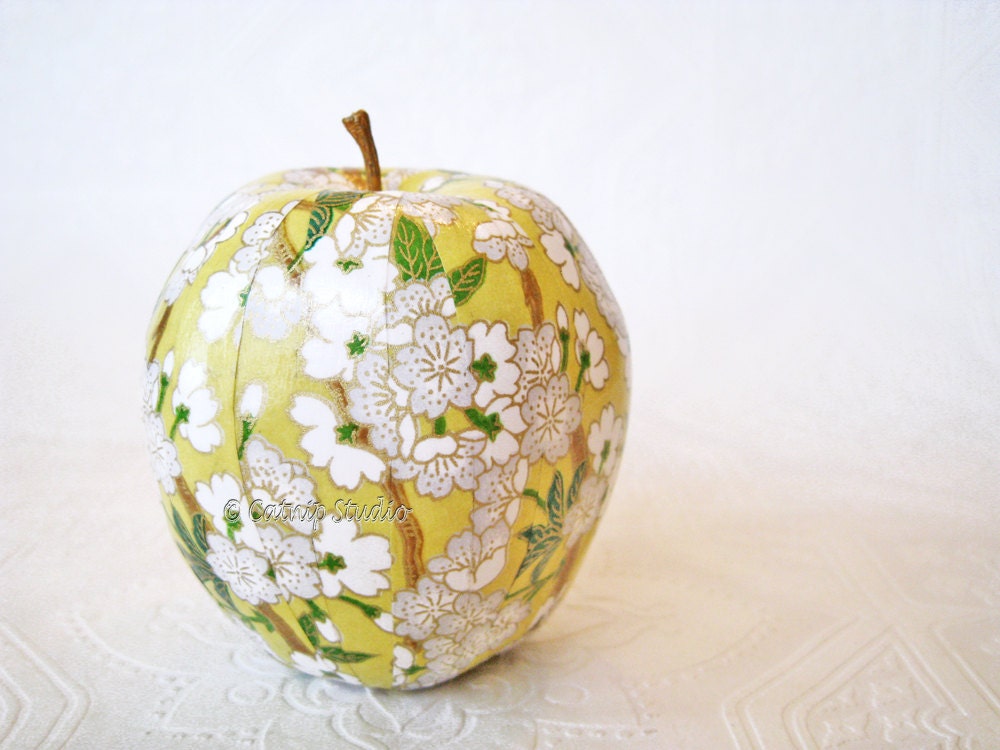 Yellow Apple Ornament, apple ornament, decoupage apple ornament, origami apple ornament, cherry blossoms floral