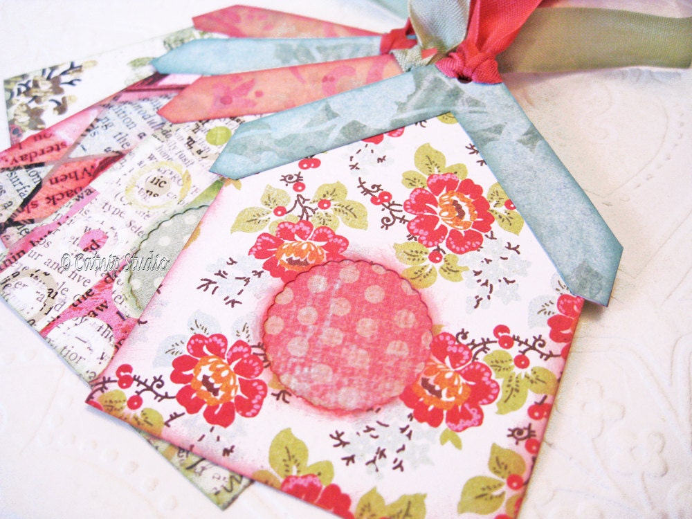 Birdhouse Tags, Bird House Tags, floral tags, garden tags, polka dot tags, green and pink tags,