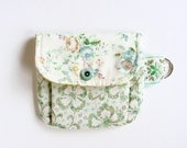 Small Pleated Pouch Key Keeper Wallet  Boho Eclectic Granny Chic Vintage Button Blue Roses Green Floral Chartreuse