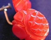 Red Bakelite Earrings 1940s Carved Screwback