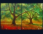 Trees Dyptich Originals 20" x 32" Mixed Media Tree of Life Painting on canvas by Christina Colwell, Modern Contemporary Folk Art
