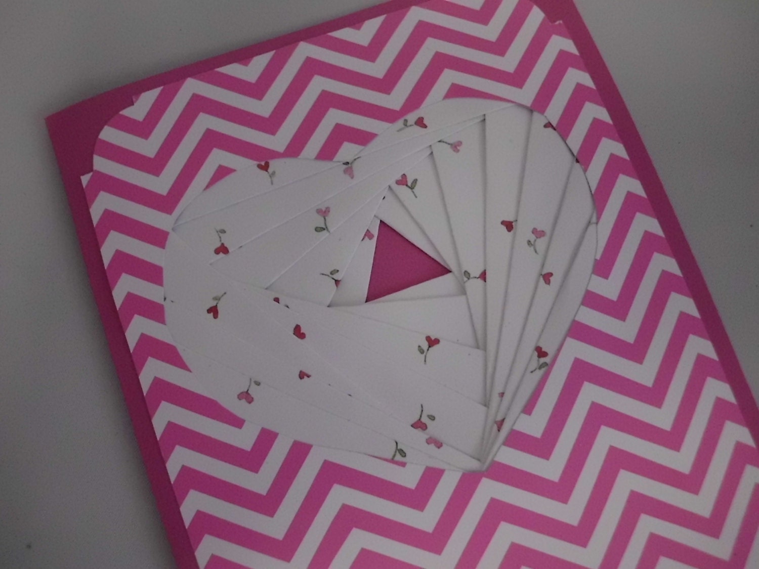 NEW Item ... Handmade  Card ... CHEVRON and HEARTs ..  Hot Pink