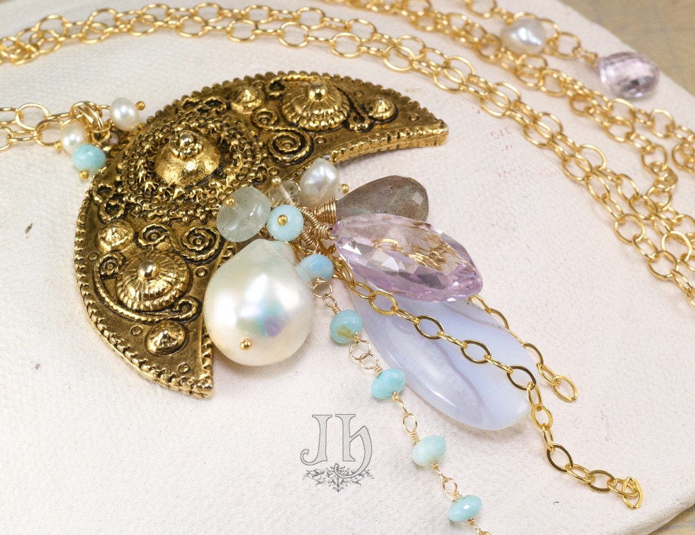 Aquillo Necklace ... Chalcedony, Aquamarine. Baroque Pearl, Larimar, Vintage Monet Charm, 14k Gold Filled