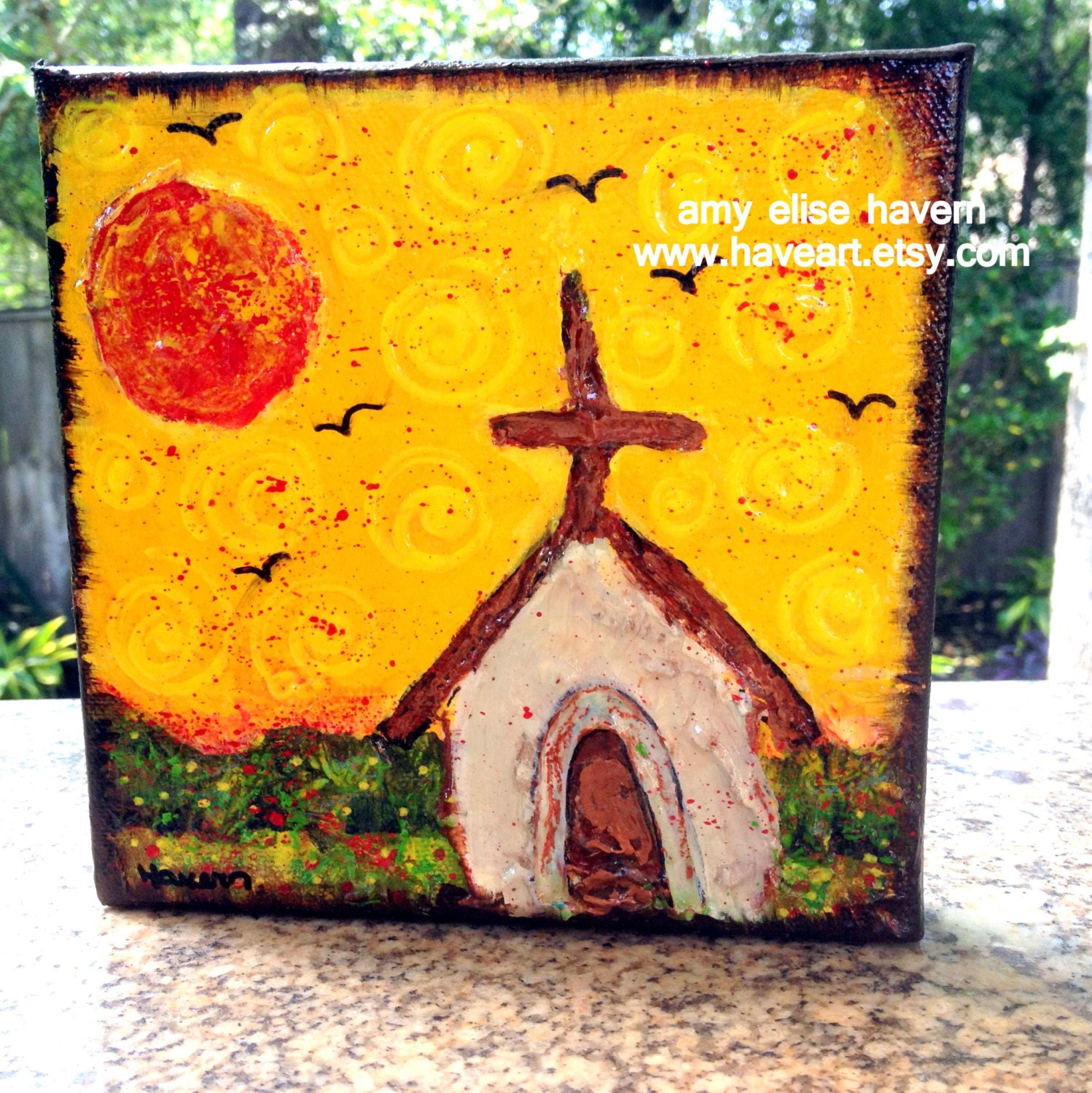 Little Textured Church with Yellow Sky Folk Art original painting 6x6
