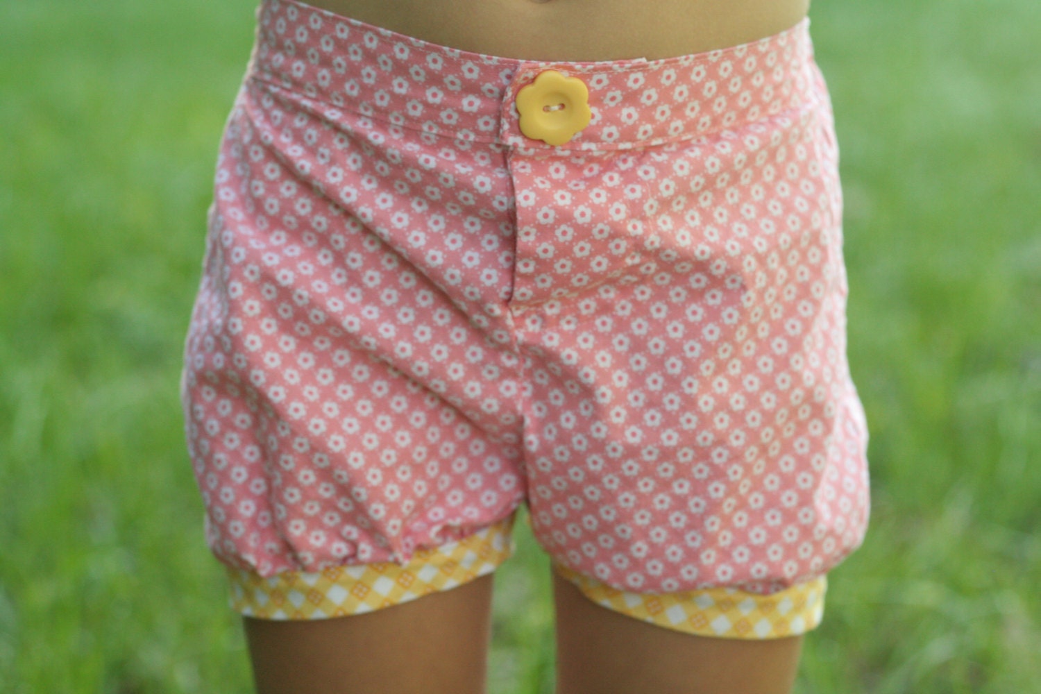 Girls Bubble Shorts, Yellow Gingham and Pink Flowers