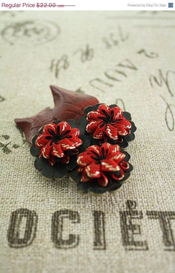 50% off Shop Closing Sale Vintage Red Flower Brooch . Ribbons & Leather Pin . Capricious Traveler