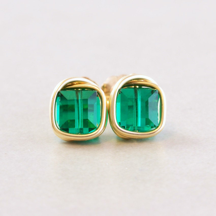 Emerald Green Studs, Post Earrings, Gold Studs, Swarovski Crystal Earrings
