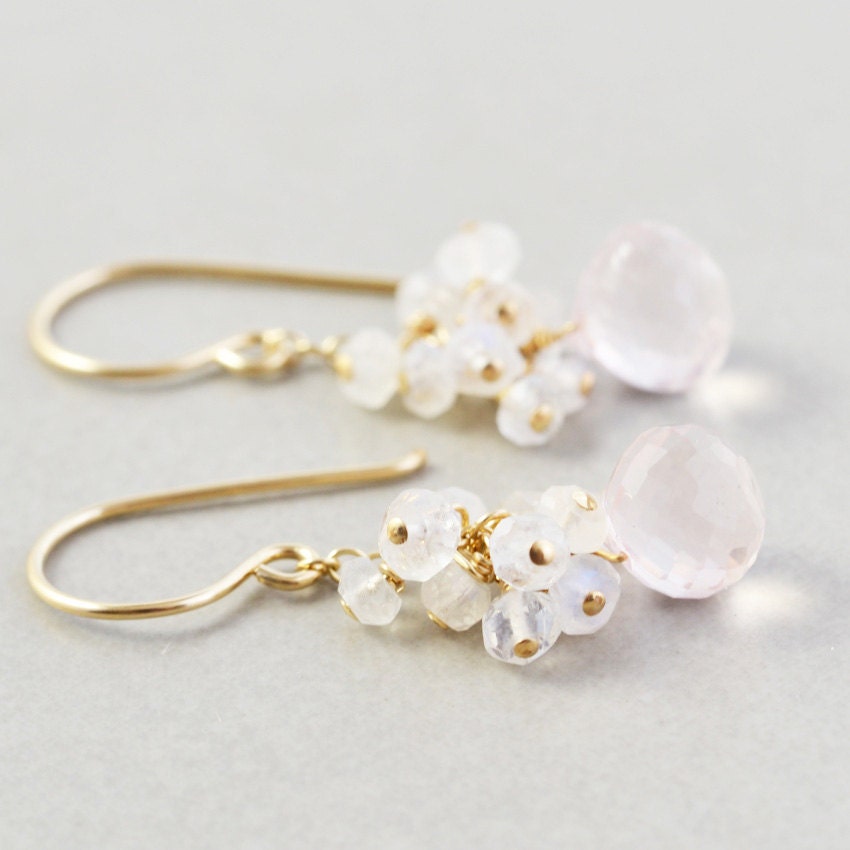 Rose Quartz Earrings, Moonstone Cluster Earrings, Light Pink Earrings