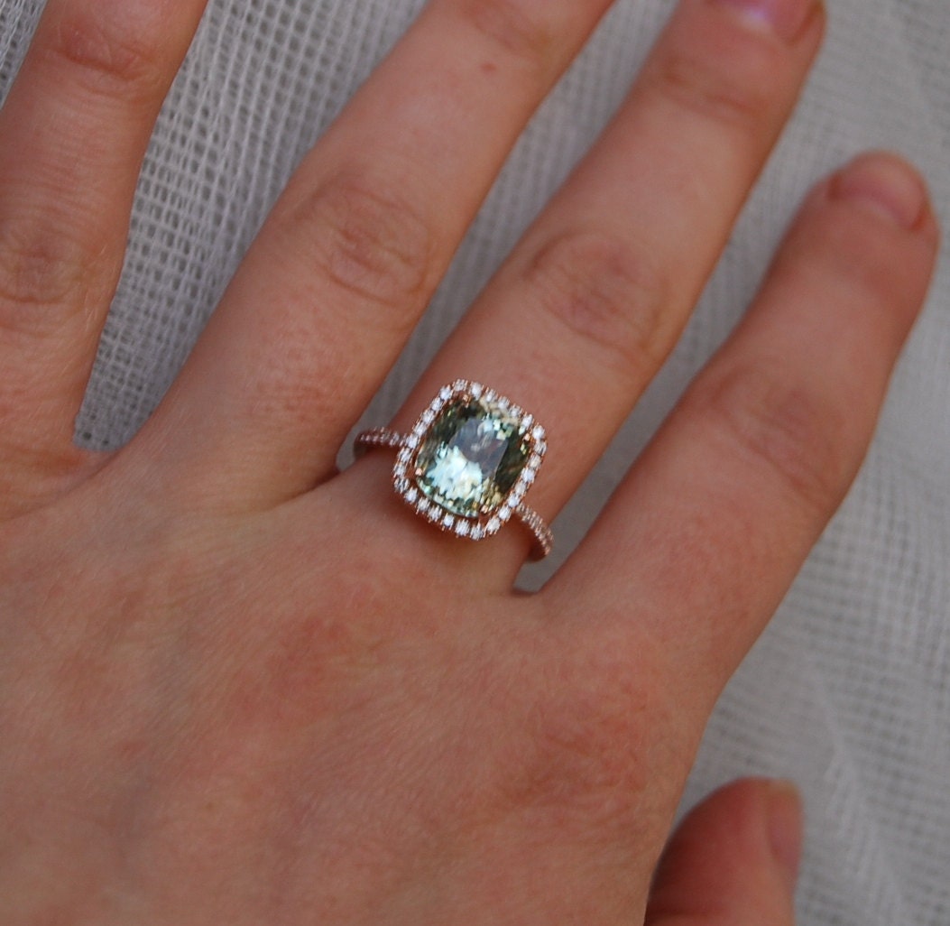 4ct Jasmine green Aquamarine halo diamond ring cushion cut 14k rose gold engagement ring- made to order
