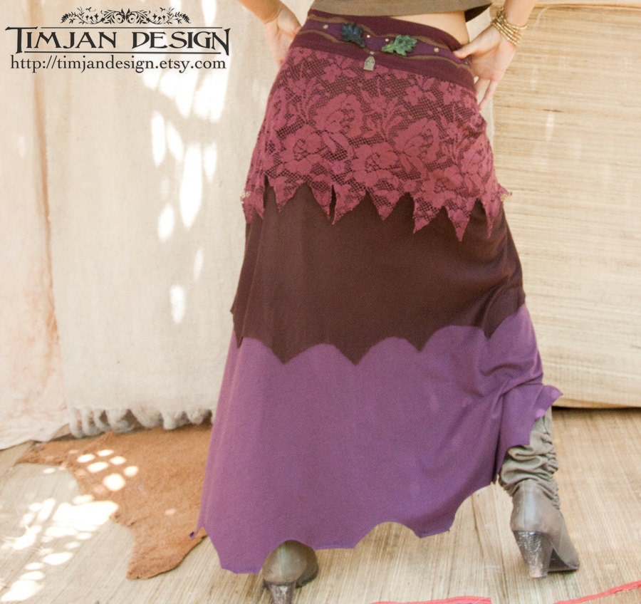 LONG PIXE SKIRT - Organic Wrap around Faery fairy costume Tribal Hippie Boho - Purple Burgundy - Size Medium/Large - Psl-Pu-2