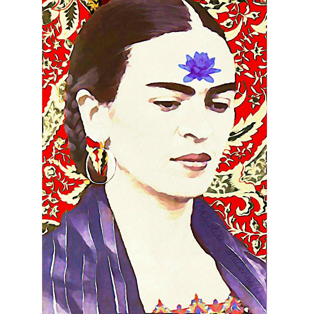 Frida Kahlo Photomontage Watercolor Waterlily Print 5x7 Original Signed Mixed Media Collage Wall Modern Home Decor Buddhist Quote