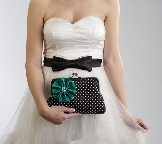 Bridesmaids Gifts- Evening Bag- Bridal Purse- Wedding Clutches- Black and White Polka Dot Clutch with EMERALD Flower Brooch