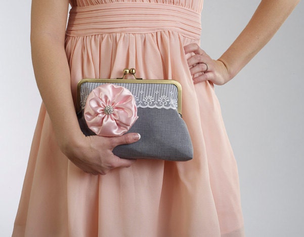Nude/ Blush Wedding- 1 GREY Wedding Clutch with POWDER PINK Flower Brooch- Bridesmaids Gifts- Bridal Purse- Wedding Clutches