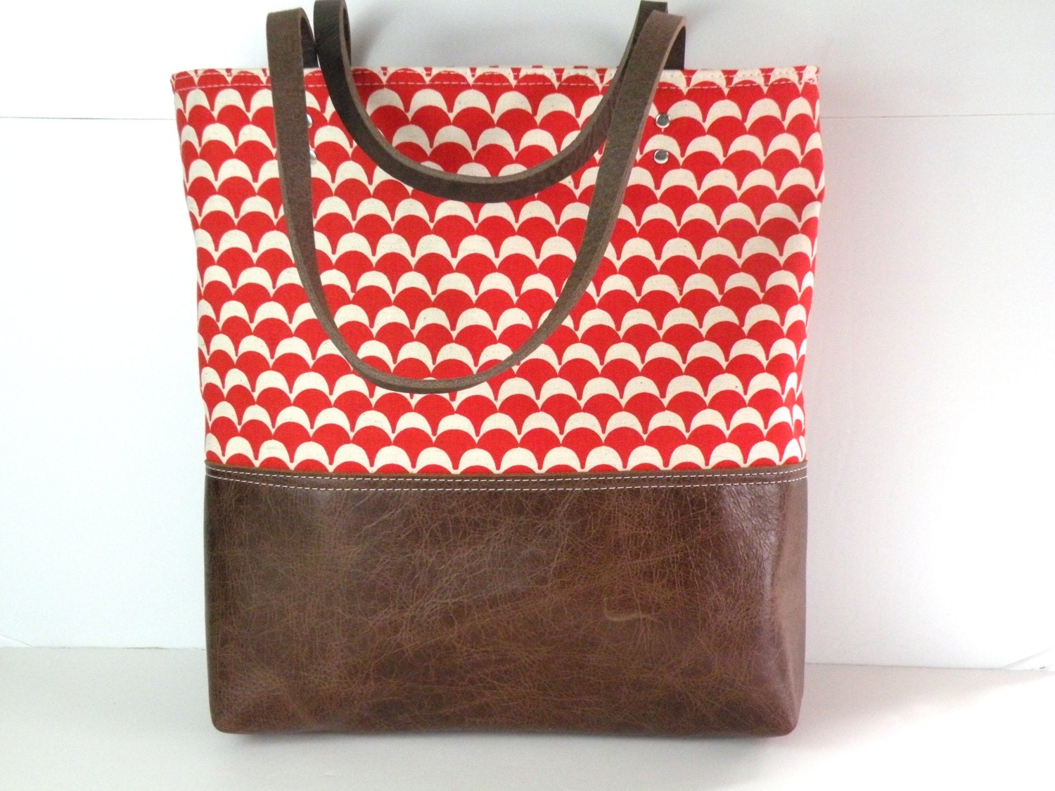 Urban Tote in Red and White Canvas and distressed leather