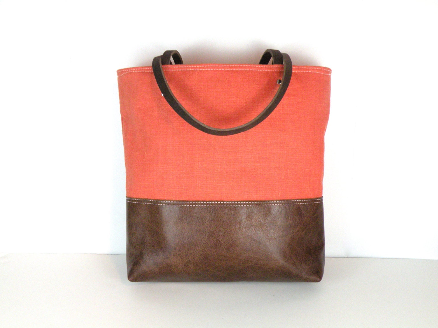 Urban Tote in Tangerine Linen and distressed leather