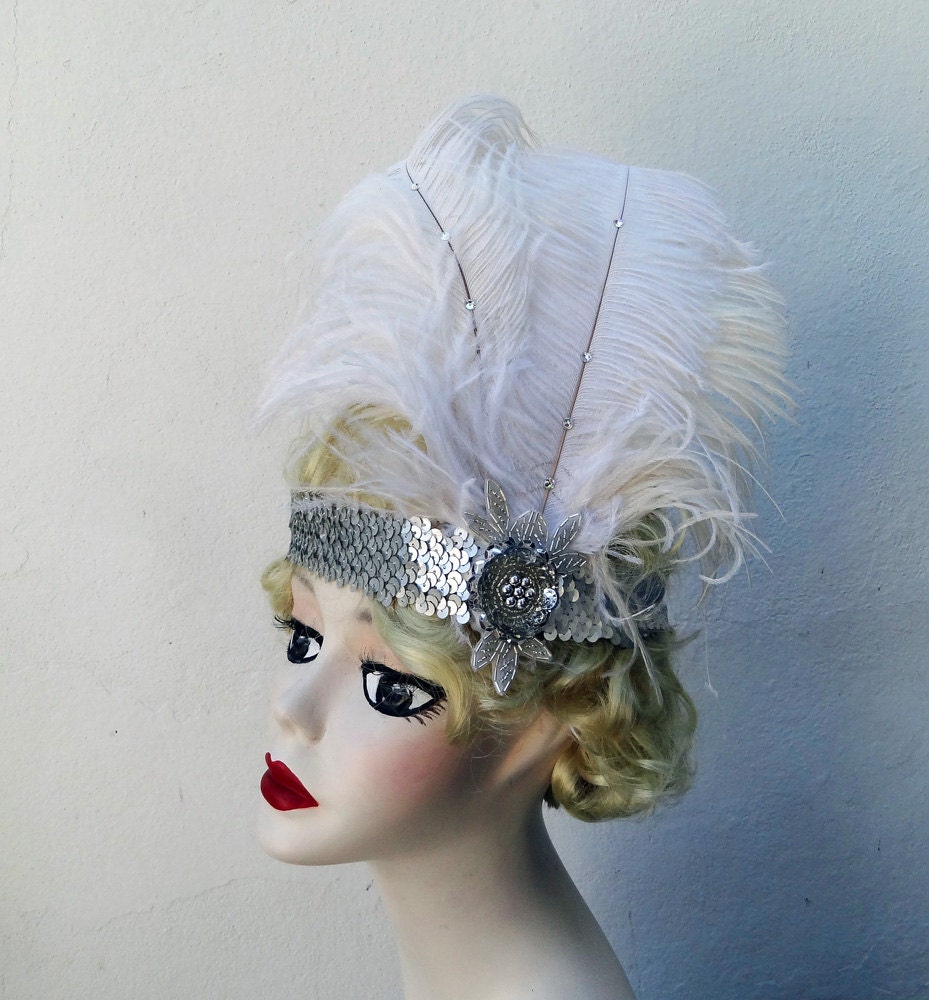 Flapper, 1920s, Large Glitzy Feather Headband, Showgirl Head Dress,  Ivory White, Silver, Gray , Swarovski Crystal, Batcakes Couture