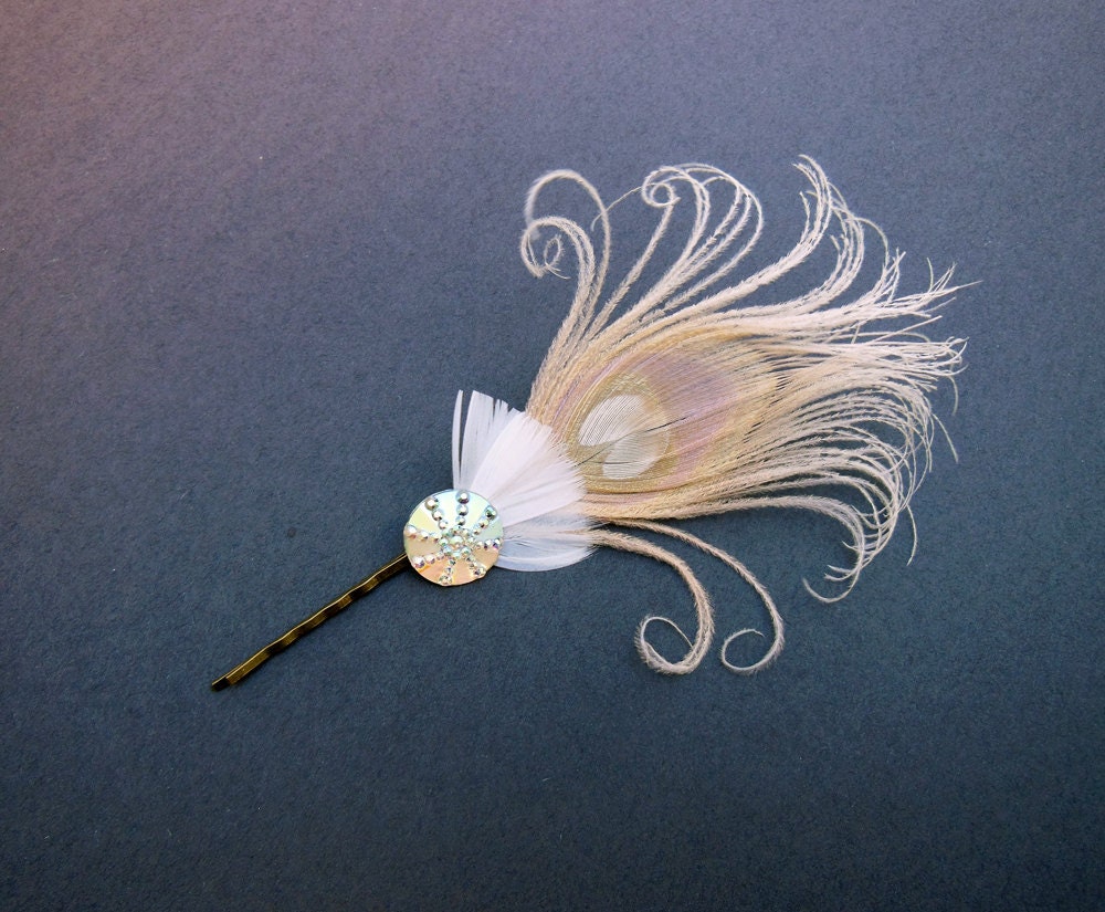 Peacock Feather Bobbie Pin, Ivory White, Feather Fascinator, Hair Accessory. Bridal Head Piece, Bridesmaid, Batcakes Couture
