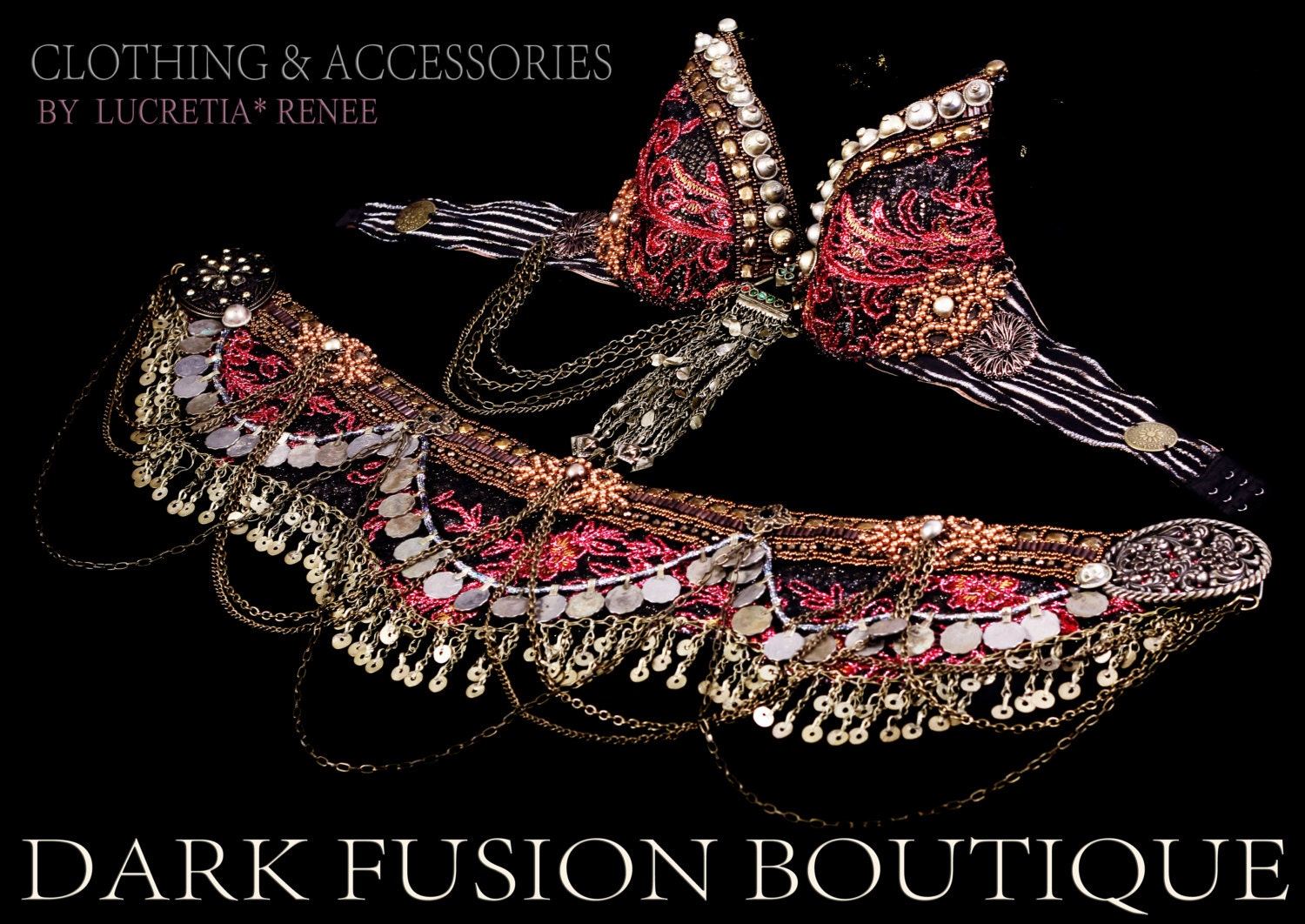 Bra and Belt Set, 36C Cup, 33- 37.5 Inch Belt, Kuchi, Fusion, Vintage, Noir, Nouveau, Burlesque, Cabaret, Tribal
