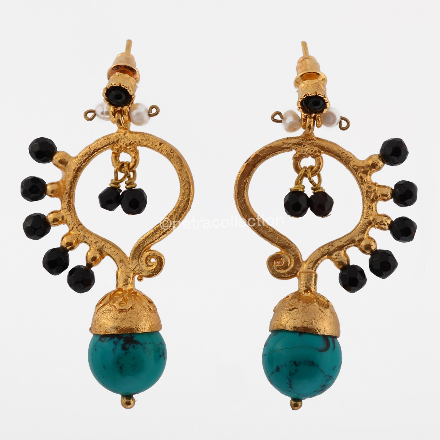 Butterfly Earrings in Turquoise and Black -  Semiprecious Stones - Bohemian - Gold Plated - Hand Hammered