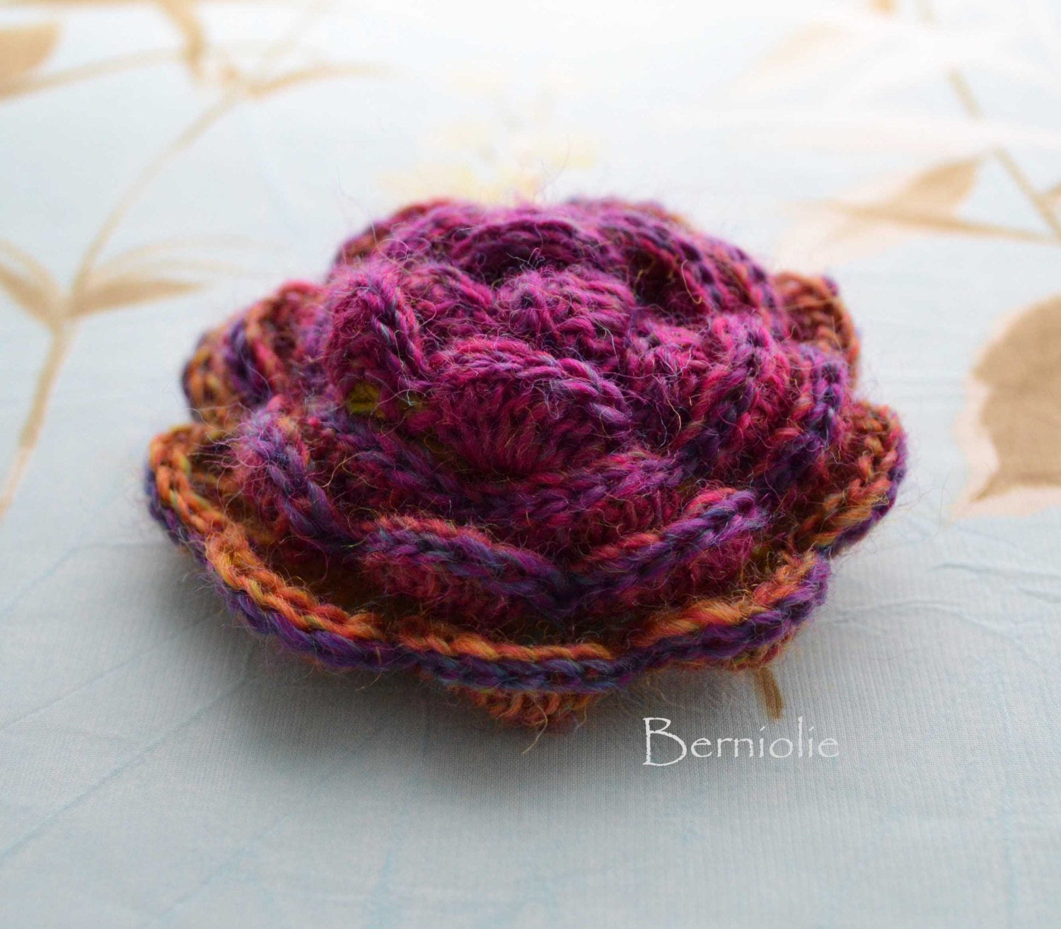 Crochet flower brooch, shawlpin, pink orange I905