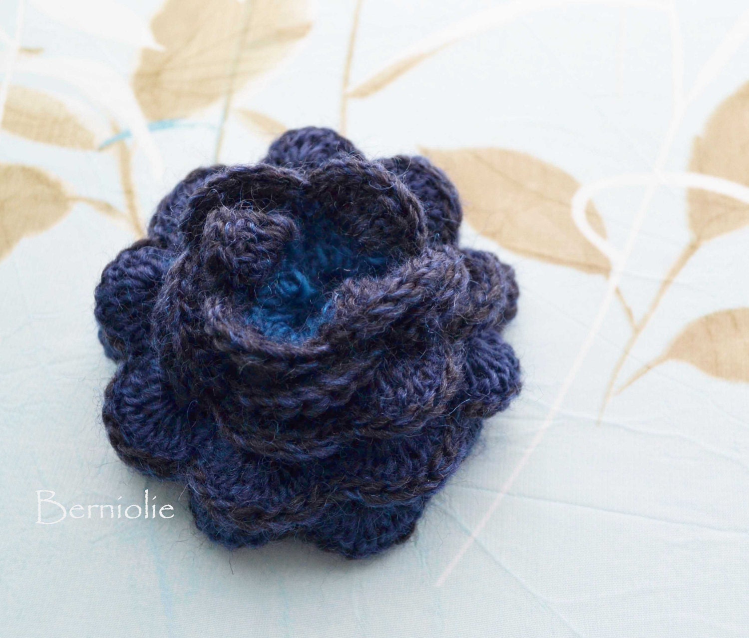 Crochet flower brooch, shawlpin, dark indigo blue I861