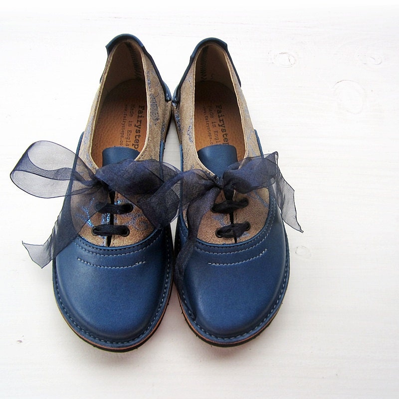 CUSTOM Hand Made Leather Womens Shoes, Lace Up Oxford Shoes, KITTY Blue by Fairysteps Shoes