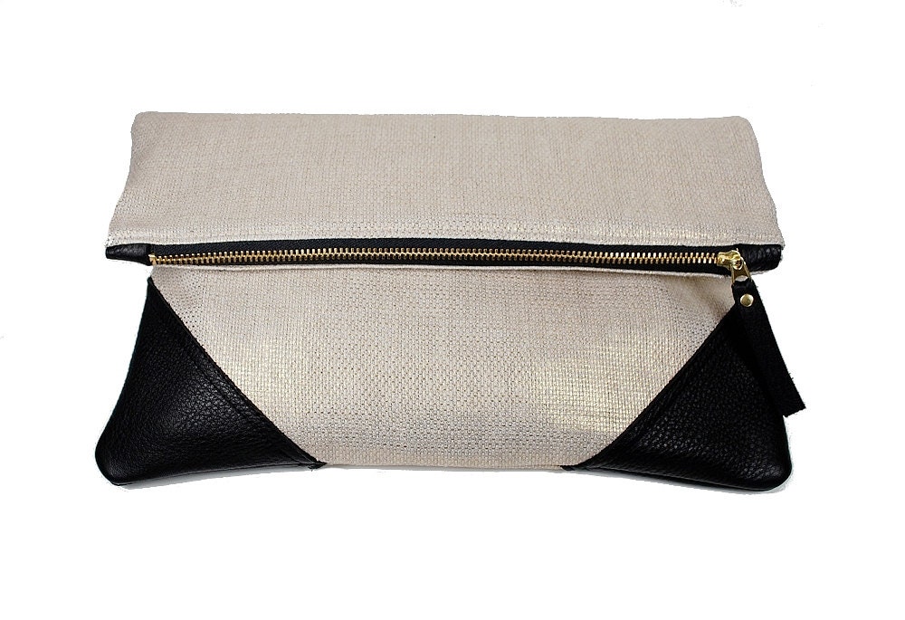 Metallic linen and genuine leather fold clutch