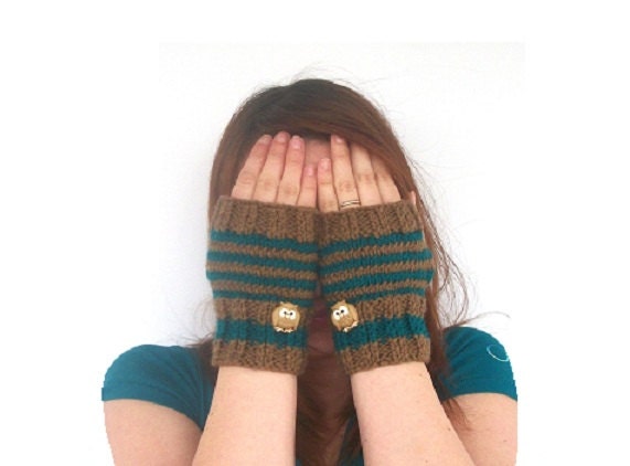 Teal and Brown Striped Fingerless Gloves - Hand Knit with Owl Buttons