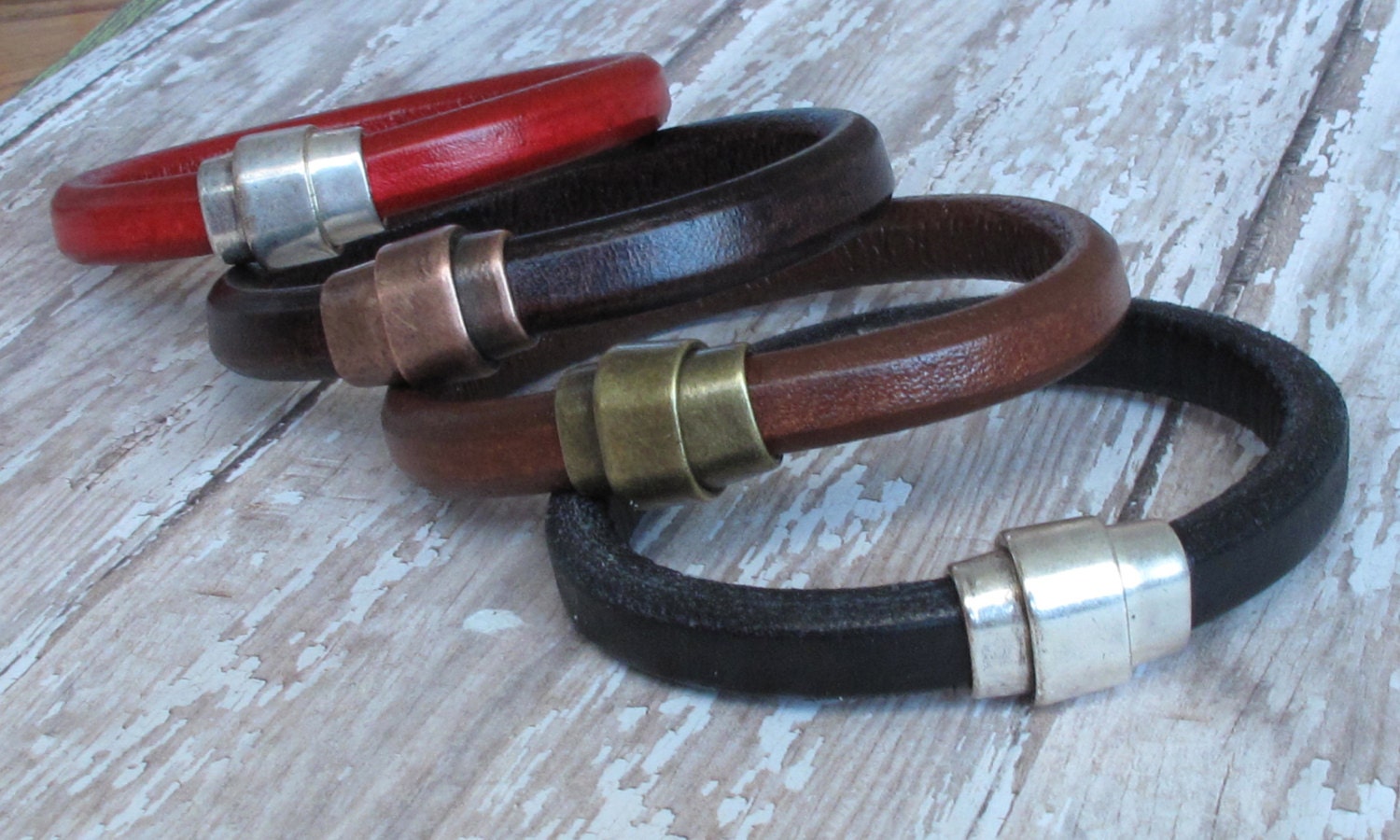 Black Thick Leather Bracelet w Silver Magnetic Clasp