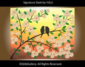 Abstract Landscape Painting Handmade Original Modern Heavy Texture Impasto Palette Knife Tree Branches Wall Décor "Love Birds in Sunset"