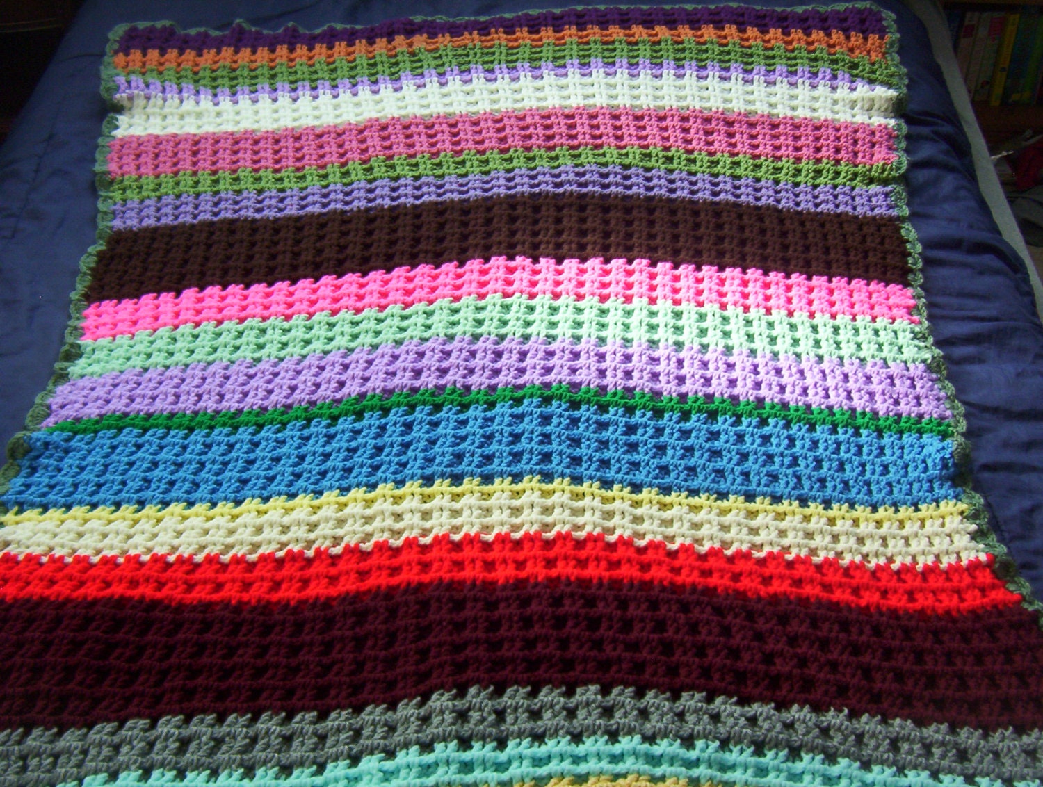 Hand Crocheted Waffle Stitch Patchwork Stripe Afghan