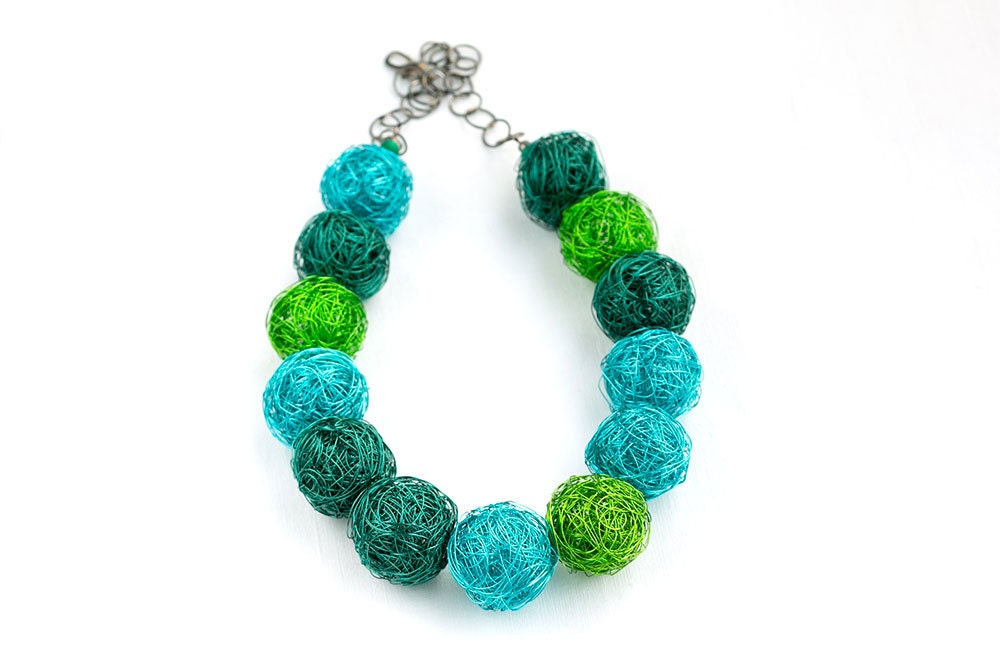 handmade wire beads necklace in turquoise, sea-green and green handcrafted unique jewelry, very lightweight, shiny and smooth