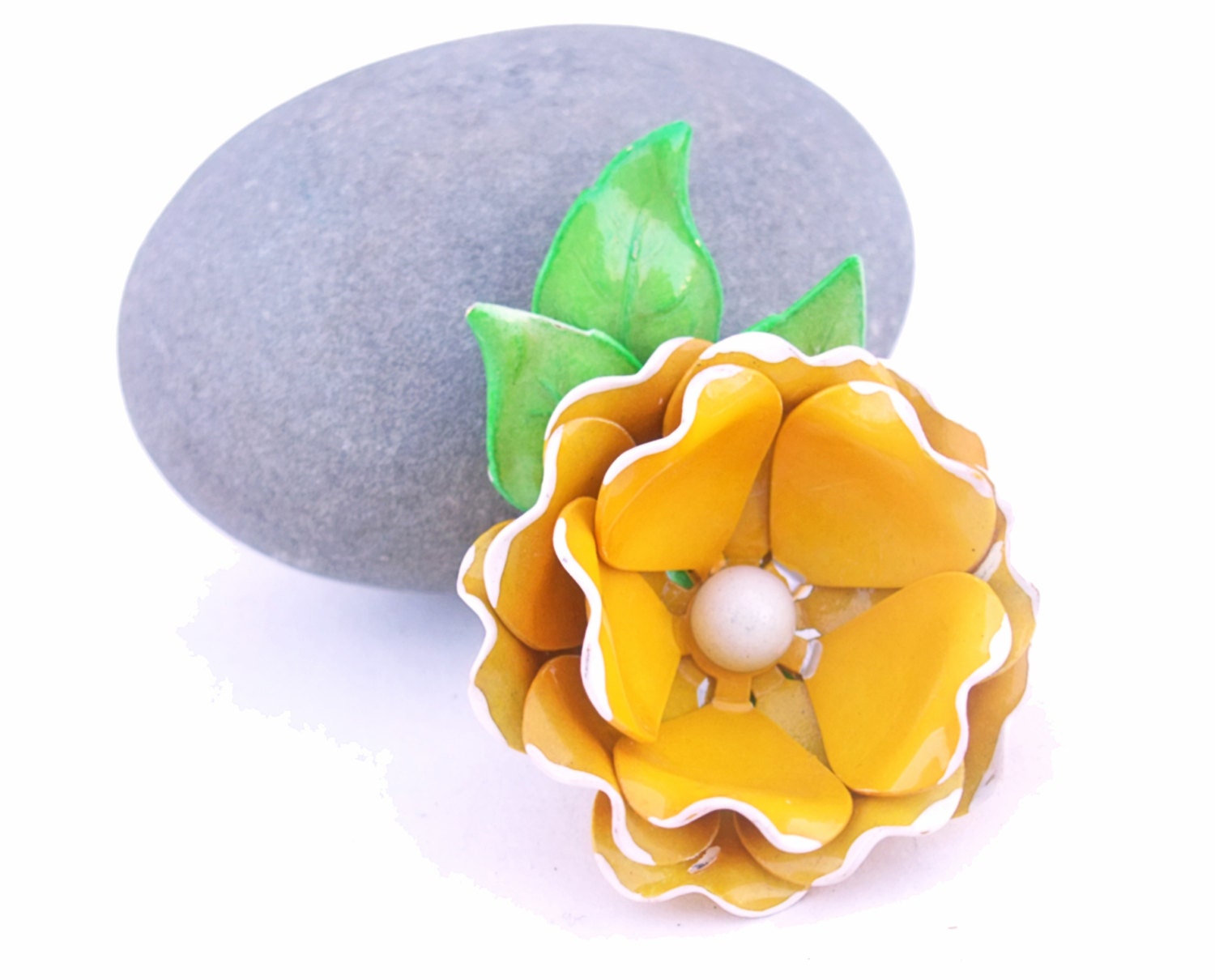 Vintage Brooch 1960 Yellow Rose Enameled Flower Pin