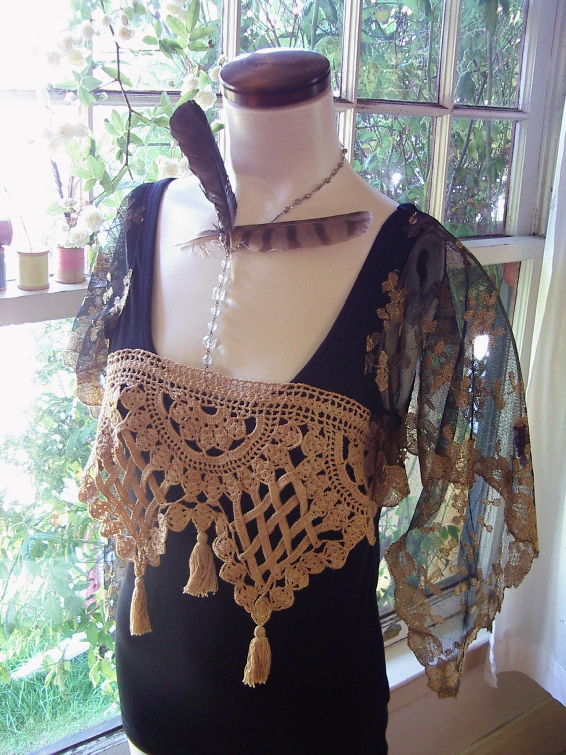 rhiannon gypsy top upcycled clothing black gold ecru summer festival blouse shirt hippie chic ooak hankietankie hankie tankie