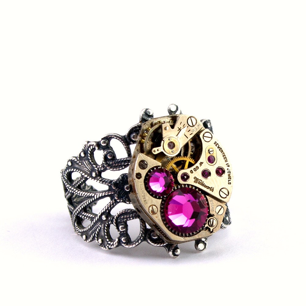 Steampunk Ring - GORGEOUS Clockwork Design with Hot Pink Fuchsia Swarovski Crystals - PROMPTLY SHIPPED - SteampunkJewelry London Particulars