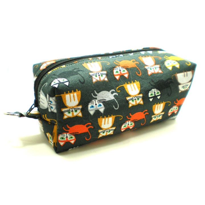 Medium Zipper Box Pouch Project or Travel Case Organic Cotton Gray with Cats