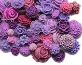 25pc purple and lavender tones flower cabochon mix, a lot of mixed cab sizes and styles to make earrings, rings, and hairpins